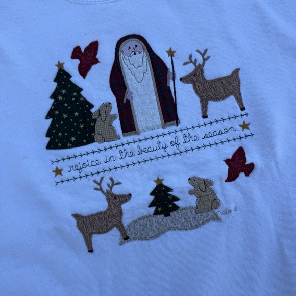 90s Valorie's Folk Art Applique Christmas White Festive Grandma Sweatshirt XL - Picture 2 of 9